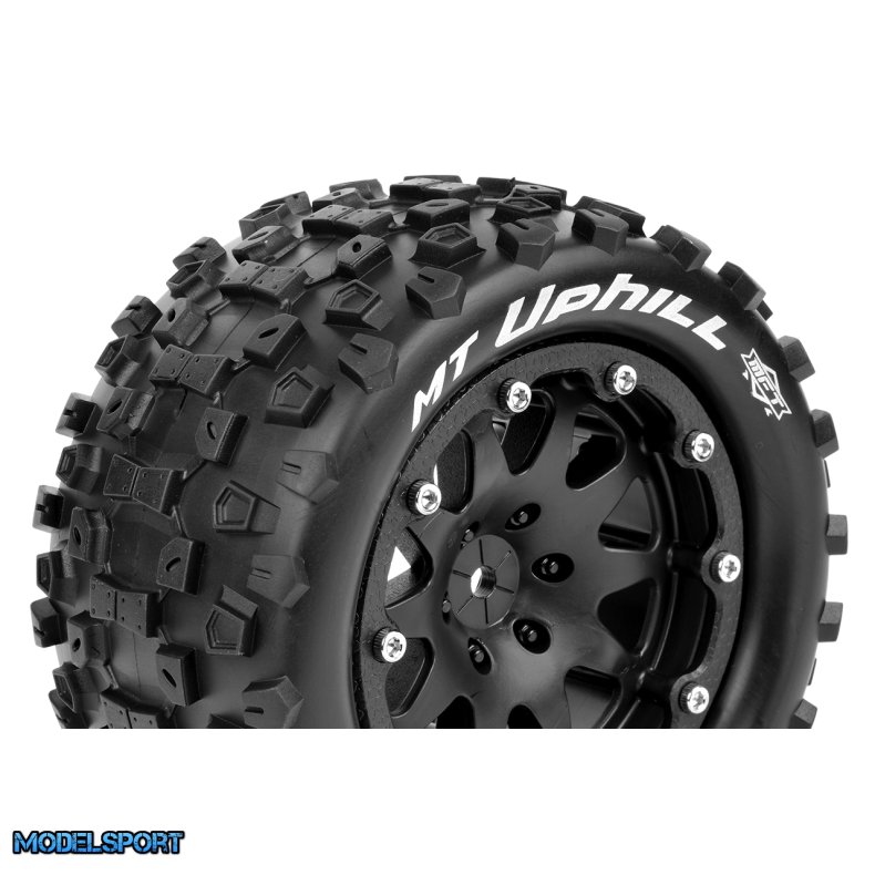 Louise RC - MFT - MT-UPHILL - 1-10 Monster Truck Tire Set - Mounted - Sport - Black 2.8 Bead-Lock Wheels - 0-Offset - Hex 12mm - L-T3309SB