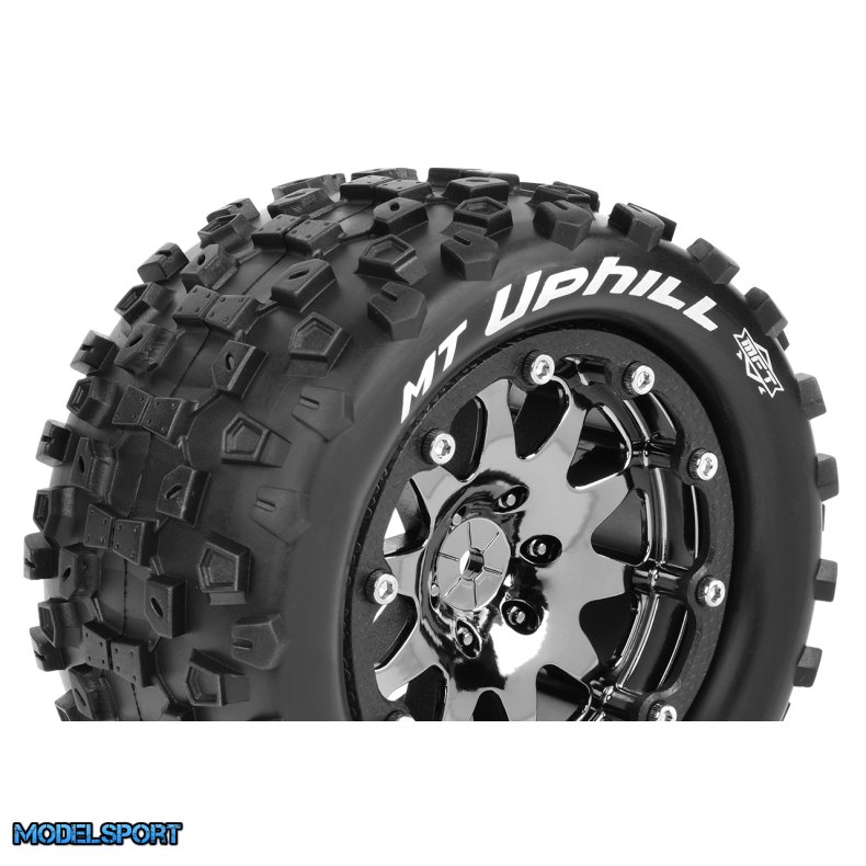 Louise RC - MFT - MT-UPHILL - 1-10 Monster Truck Tire Set - Mounted - Sport - Black Chrome 2.8 Bead-Lock Wheels - 0-Offset - Hex 12mm - L-T3309SBC