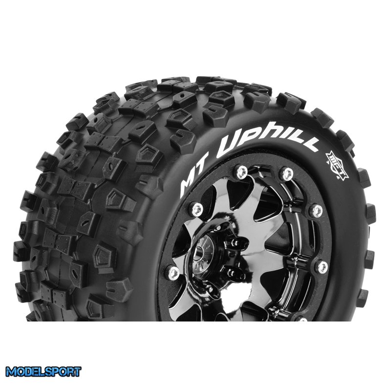 Louise RC - MFT - MT-UPHILL - 1-10 Monster Truck Tire Set - Mounted - Sport - Black Chrome 2.8 Bead-Lock Wheels - 1/2-Offset - Hex 12mm - L-T3309SBCH