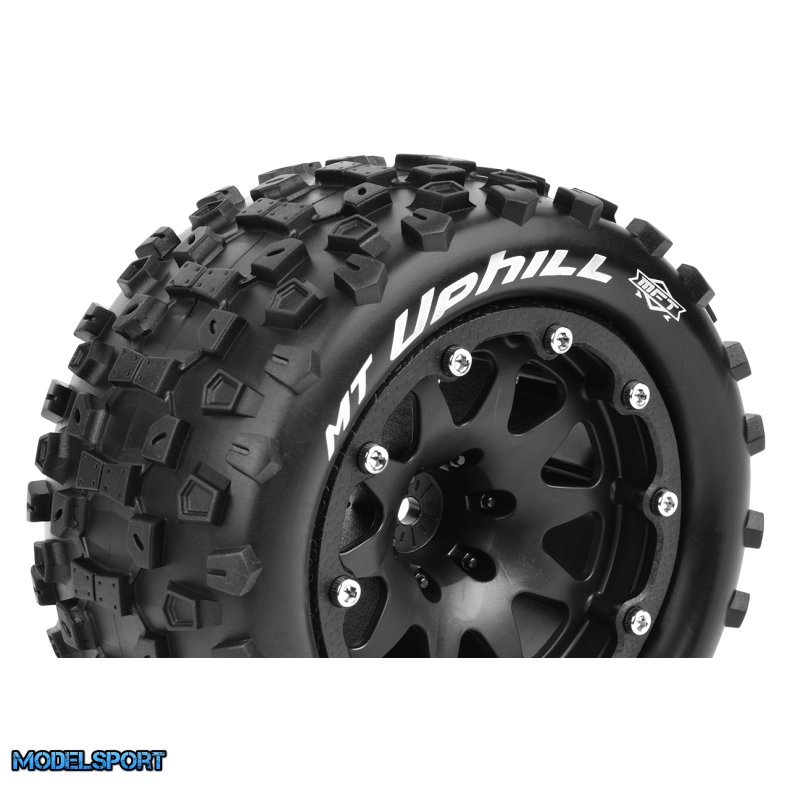 Louise RC - MFT - MT-UPHILL - 1-10 Monster Truck Tire Set - Mounted - Sport - Black 2.8 Bead-Lock Wheels - 1/2-Offset - Hex 12mm - L-T3309SBH
