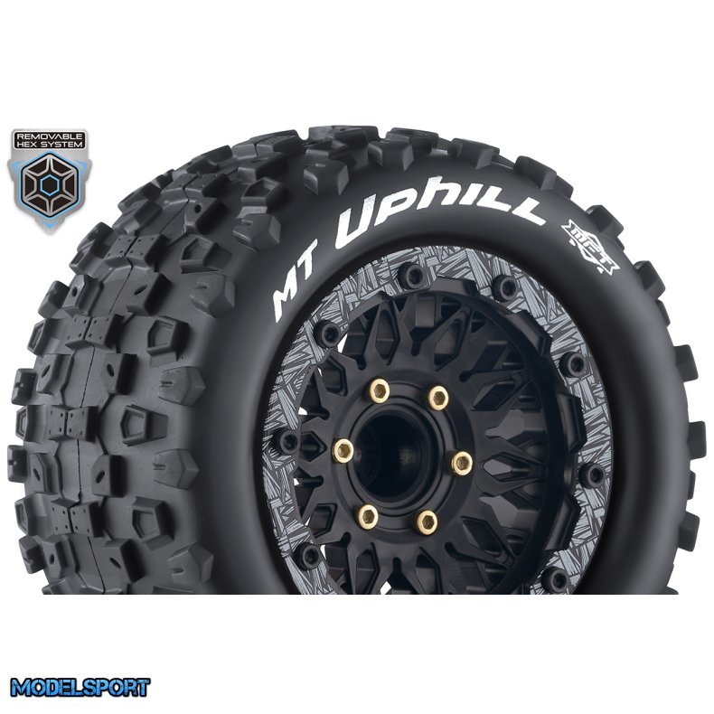 Louise RC - MFT - MT-UPHILL - 1-10 Monster Truck Tire Set - Mounted - Sport - Black Wheels - Removable HEX 12 Narrow, 12 Wide, 14, 17mm - L-T3309SX