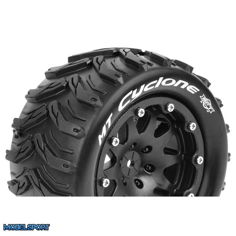 Louise RC - MFT - MT-CYCLONE - 1-10 Monster Truck Tire Set - Mounted - Sport - Black 2.8 Bead-Lock Wheels - 0-Offset - Hex 12mm - L-T3310SB