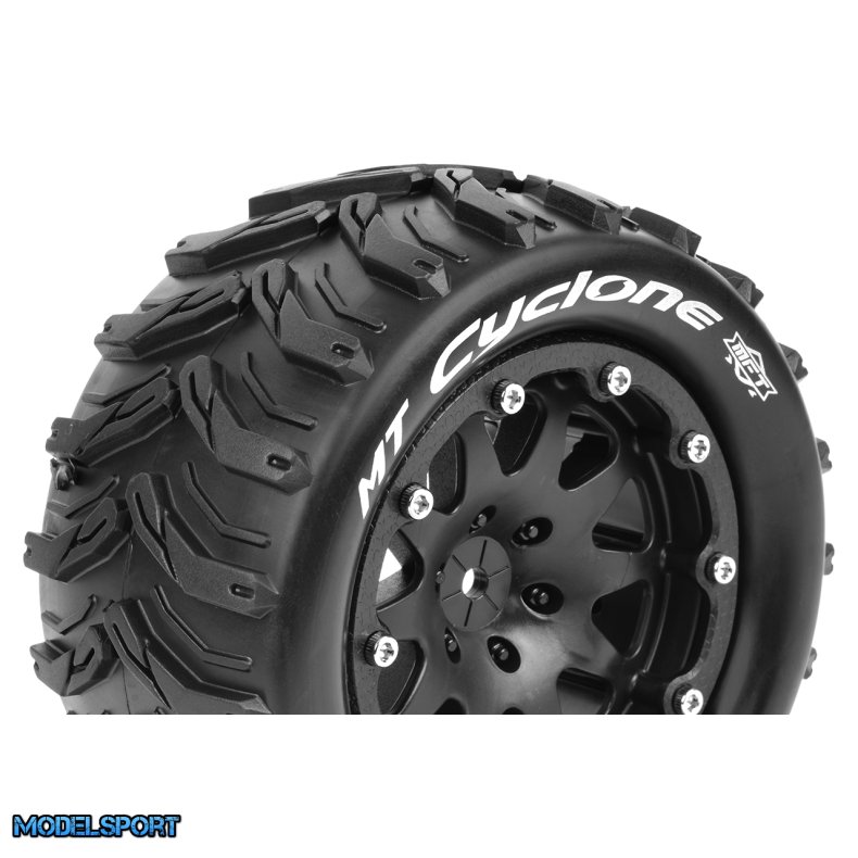 Louise RC - MFT - MT-CYCLONE - 1-10 Monster Truck Tire Set - Mounted - Sport - Black 2.8 Bead-Lock Wheels - 1/2-Offset - Hex 14mm - L-T3310SBM