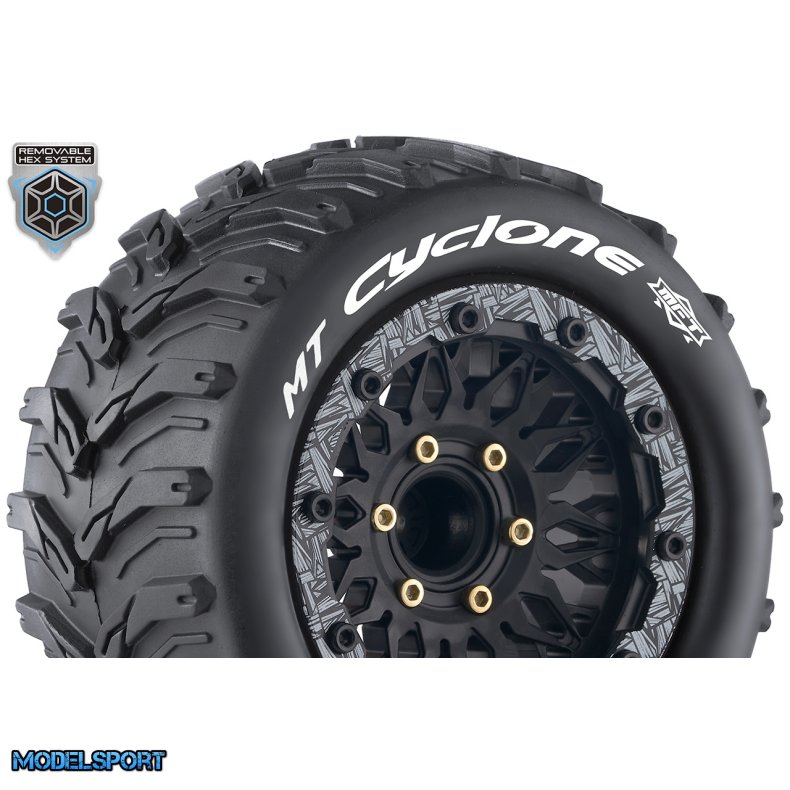 Louise RC - MFT - MT-CYCLONE - 1-10 Monster Truck Tire Set - Mounted - Sport - Black Wheels - Removable HEX 12 Narrow, 12 Wide, 14, 17mm - L-T3310SX