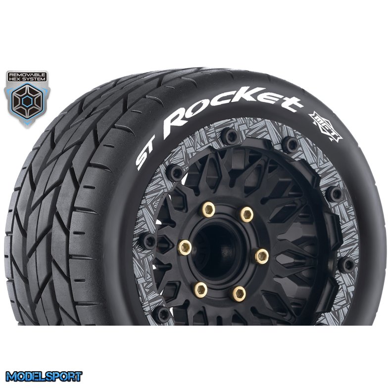 Louise RC - MFT - ST-ROCKET - 1-10 Stadium Truck Tire Set - Mounted - Sport - Black Wheels - Removable HEX 12 Narrow, 12 Wide, 14, 17mm - L-T3311SX