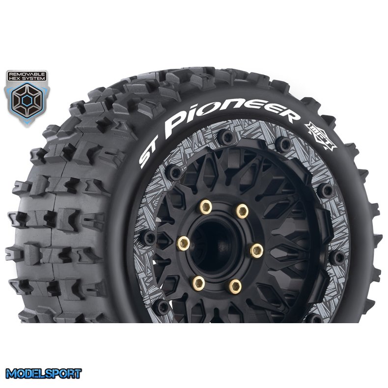 Louise RC - MFT - ST-PIONEER - 1-10 Stadium Truck Tire Set - Mounted - Sport - Black Wheels - Removable HEX 12 Narrow, 12 Wide, 14, 17mm - L-T3312SX