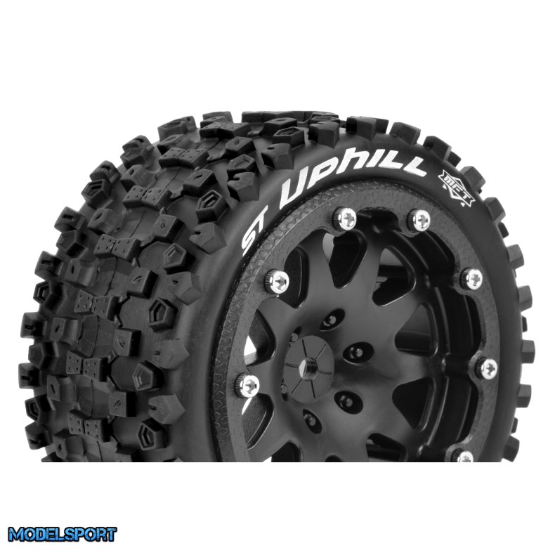 Louise RC - MFT - ST-UPHILL - 1-10 Monster Truck Tire Set - Mounted - Sport - Black 2.8 Bead-Lock Wheels - 0-Offset - Hex 12mm - L-T3313SB