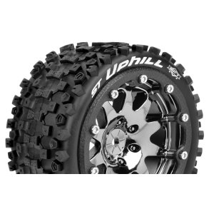 Louise RC - MFT - ST-UPHILL - 1-10 Monster Truck Tire Set - Mounted - Sport - Black Chrome 2.8 Bead-Lock Wheels - 0-Offset - Hex 12mm - L-T3313SBC