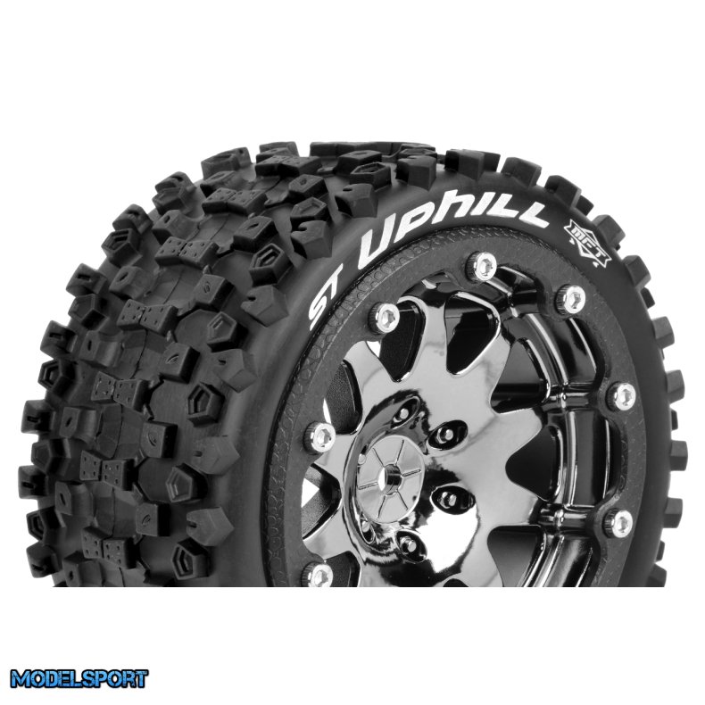 Louise RC - MFT - ST-UPHILL - 1-10 Monster Truck Tire Set - Mounted - Sport - Black Chrome 2.8 Bead-Lock Wheels - 0-Offset - Hex 12mm - L-T3313SBC