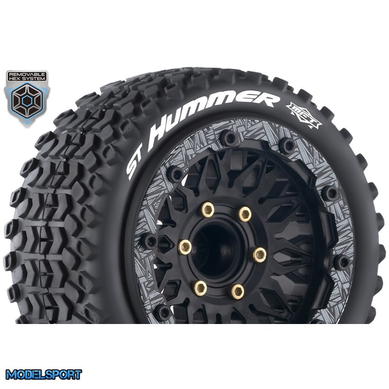 Louise RC - MFT - ST-UPHILL - 1-10 Stadium Truck Tire Set - Mounted - Sport - Black Wheels - Removable HEX 12 Narrow, 12 Wide, 14, 17mm - L-T3313SX