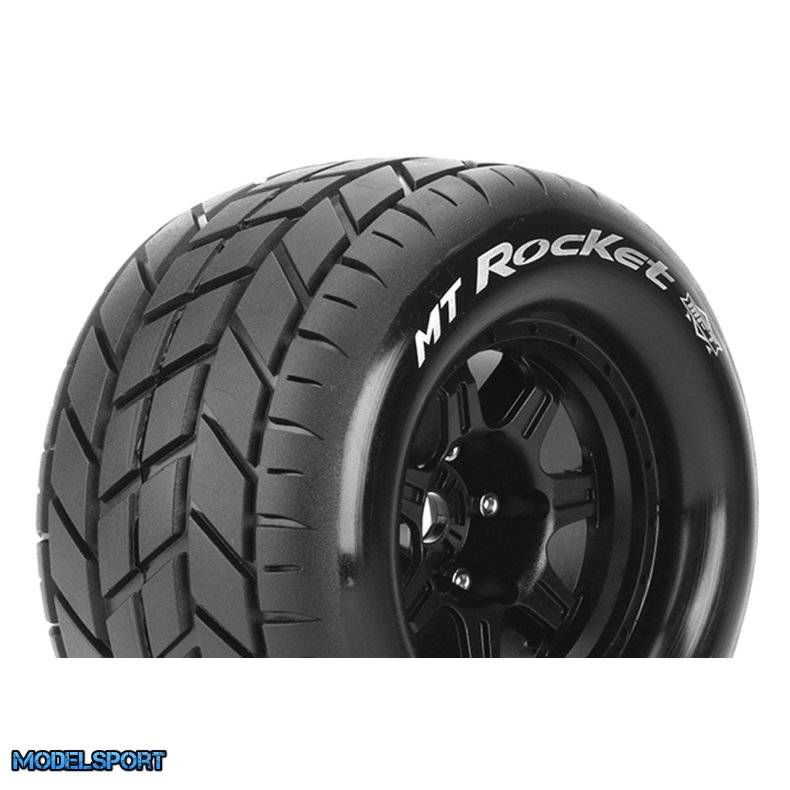 Louise RC - MFT - MT-ROCKET - 1-8 Monster Truck Tire Set - Mounted - Sport - Black 3.8 Bead Style Wheels - 0-Offset - Hex 17mm - L-T3320B