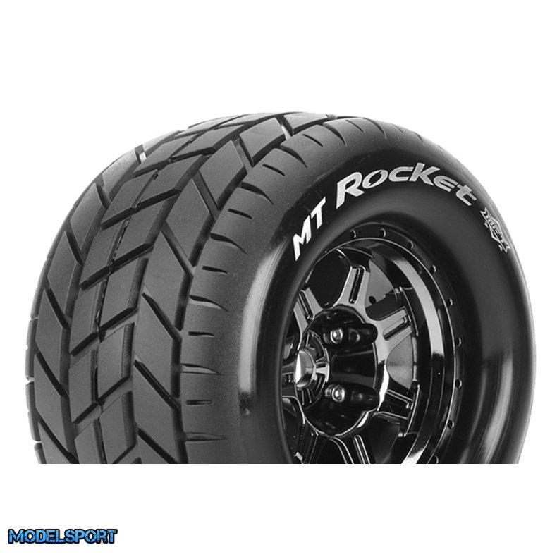 Louise RC - MFT - MT-ROCKET - 1-8 Monster Truck Tire Set - Mounted - Sport - Black Chrome 3.8 Bead Style Wheels - 0-Offset - Hex 17mm - L-T3320BC