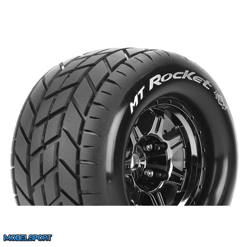 Louise RC - MFT - MT-ROCKET - 1-8 Monster Truck Tire Set - Mounted - Sport - Black Chrome 3.8 Bead Style Wheels - 1/2-Offset - Hex 17mm - L-T3320BCH