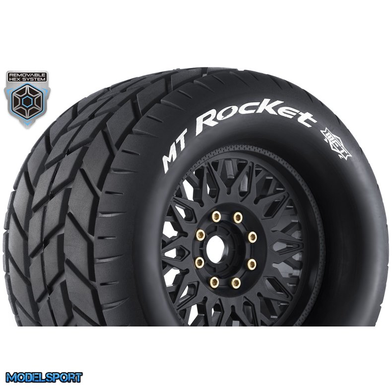 Louise RC - MFT - MT-ROCKET - 1-8 Monster Truck Tire Set - Mounted - Sport - Black Wheels - Removable 0" &amp; 1/2" OFFSET HEX 17mm - L-T3320X