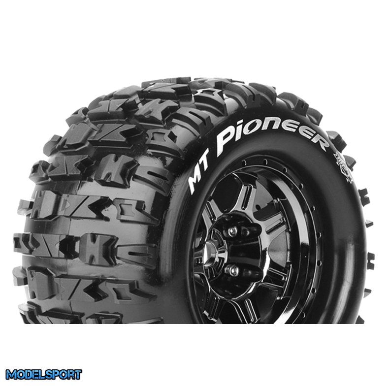 Louise RC - MFT - MT-PIONEER - 1-8 Monster Truck Tire Set - Mounted - Sport - Black Chrome 3.8 Bead Style Wheels - 0-Offset - Hex 17mm - L-T3321BC