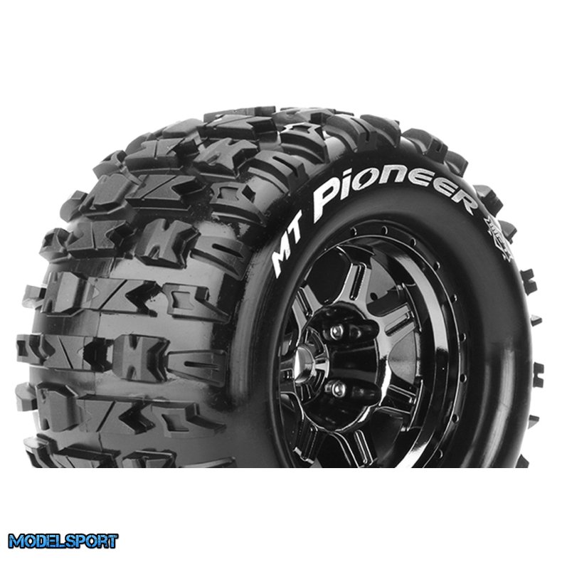 Louise RC - MFT - MT-PIONEER - 1-8 Monster Truck Tire Set - Mounted - Sport - Black Chrome 3.8 Bead Style Wheels - 1/2-Offset - Hex 17mm - L-T3321BCH