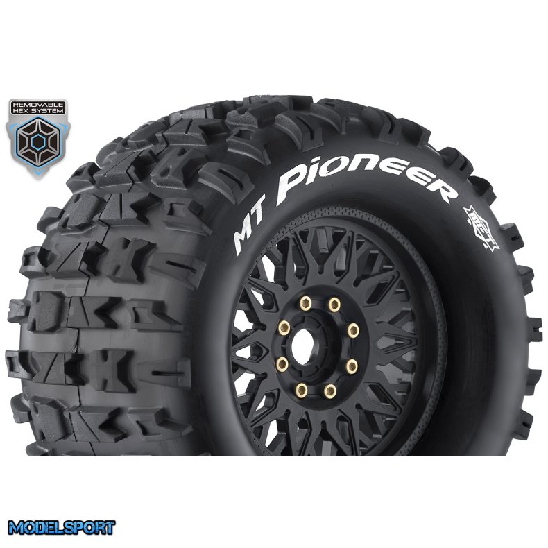 Louise RC - MFT - MT-PIONEER - 1-8 Monster Truck Tire Set - Mounted - Sport - Black Wheels - Removable 0" &amp; 1/2" OFFSET HEX 17mm - L-T3321X