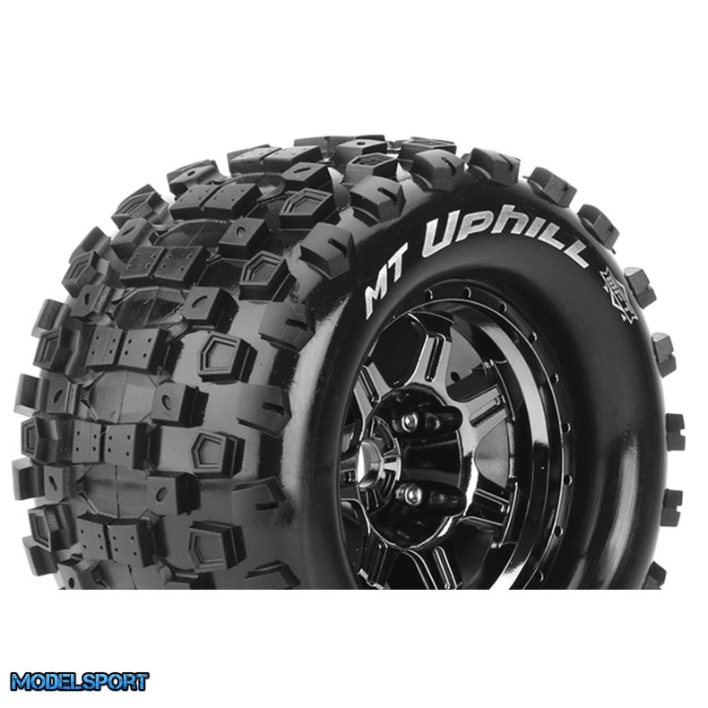 Louise RC - MFT - MT-UPHILL - 1-8 Monster Truck Tire Set - Mounted - Sport - Black Chrome 3.8 Bead Style Wheels - 0-Offset - Hex 17mm - L-T3322BC