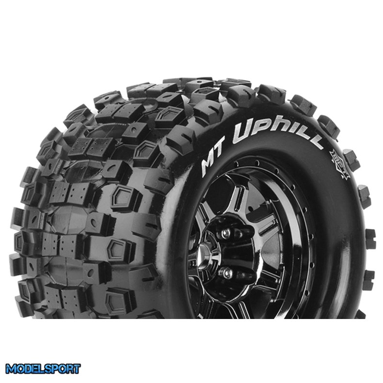 Louise RC - MFT - MT-UPHILL - 1-8 Monster Truck Tire Set - Mounted - Sport - Black Chrome 3.8 Bead Style Wheels - 1/2-Offset - Hex 17mm - L-T3322BCH