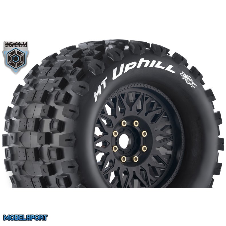 Louise RC - MFT - MT-UPHILL - 1-8 Monster Truck Tire Set - Mounted - Sport - Black Wheels - Removable 0" &amp; 1/2" OFFSET HEX 17mm - L-T3322X