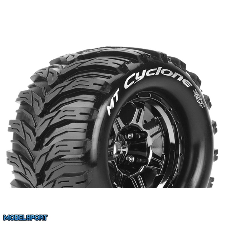 Louise RC - MFT - MT-CYCLONE - 1-8 Monster Truck Tire Set - Mounted - Sport - Black Chrome 3.8 Bead Style Wheels - 0-Offset - Hex 17mm - L-T3323BC