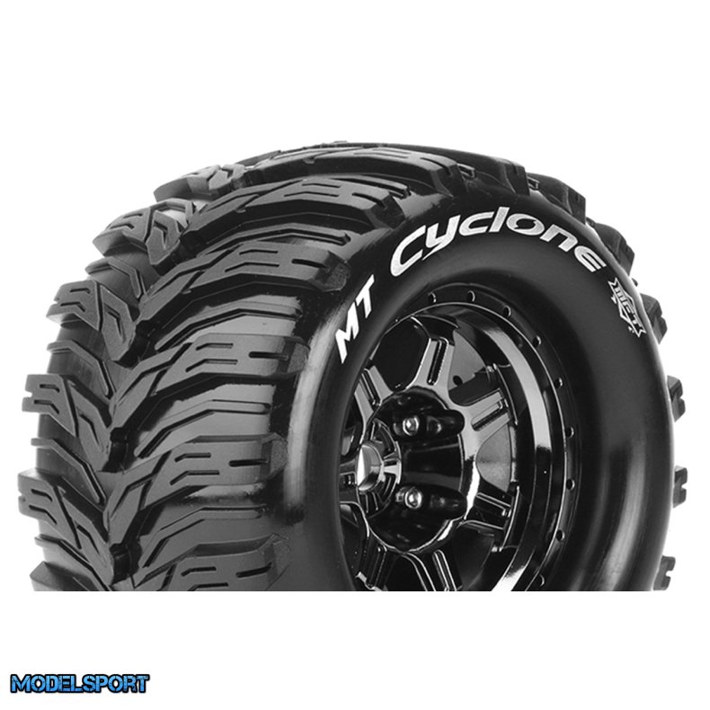 Louise RC - MFT - MT-CYCLONE - 1-8 Monster Truck Tire Set - Mounted - Sport - Black Chrome 3.8 Bead Style Wheels - 1/2-Offset - Hex 17mm - L-T3323BCH