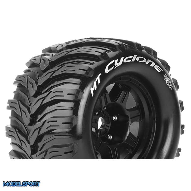 Louise RC - MFT - MT-CYCLONE - 1-8 Monster Truck Tire Set - Mounted - Sport - Black 3.8 Bead Style Wheels - 1/2-Offset - Hex 17mm - L-T3323BH