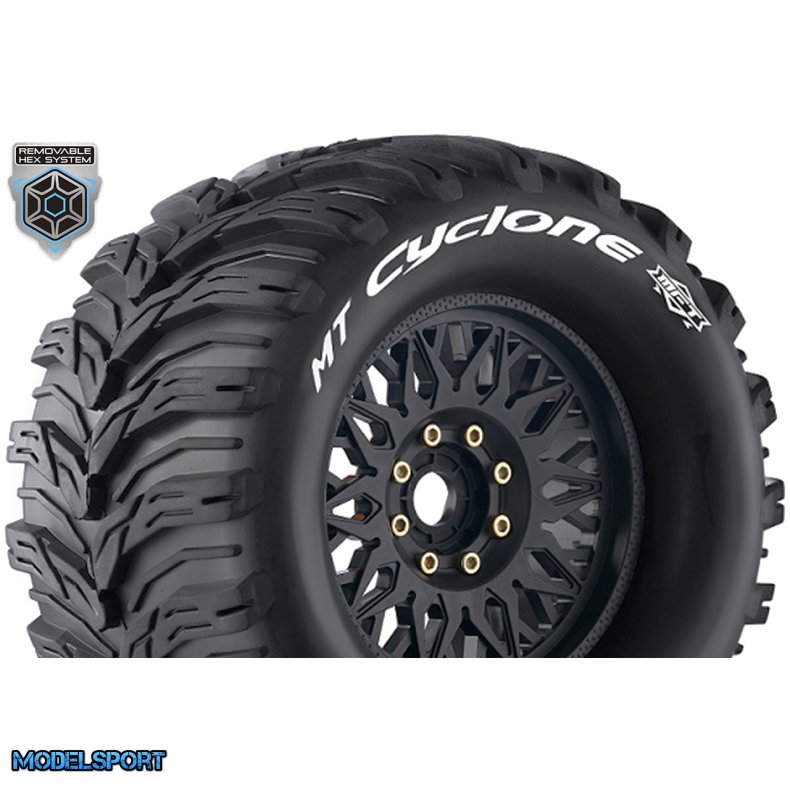 Louise RC - MFT - MT-CYCLONE - 1-8 Monster Truck Tire Set - Mounted - Sport - Black Wheels - Removable 0" &amp; 1/2" OFFSET HEX 17mm - L-T3323X