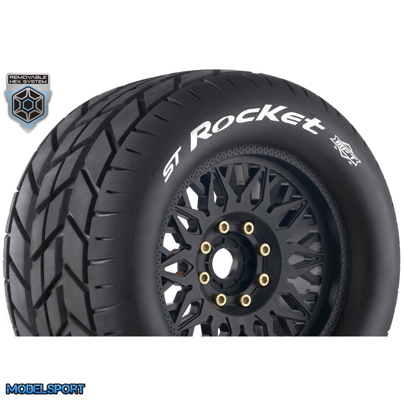 Louise RC - MFT - ST-ROCKET - 1-8 Stadium Truck Tire Set - Mounted - Sport - Black Wheels - Removable 0" &amp; 1/2" OFFSET HEX 17mm - L-T3224X