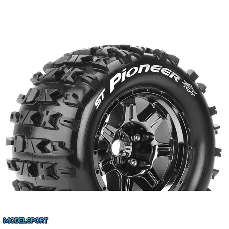 Louise RC - MFT - ST-PIONEER - 1-8 Stadium Truck Tire Set - Mounted - Sport - Black Chrome 3.8 Bead Style Wheels - 0-Offset - Hex 17mm - L-T3325BC