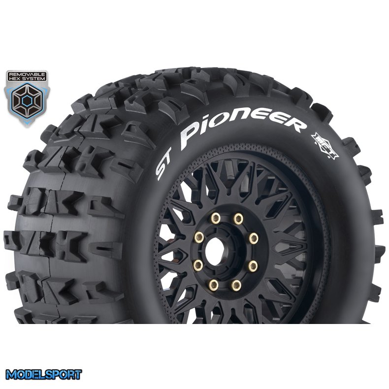Louise RC - MFT - ST-PIONEER - 1-8 Stadium Truck Tire Set - Mounted - Sport - Black Wheels - Removable 0" &amp; 1/2" OFFSET HEX 17mm - L-T3225X