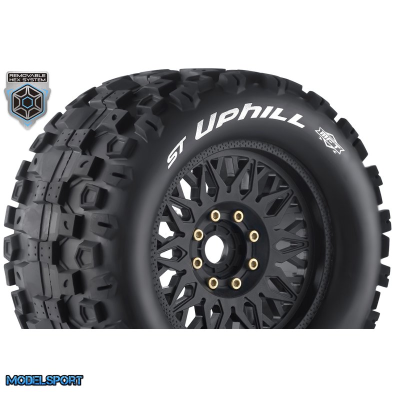 Louise RC - MFT - ST-UPHILL - 1-8 Stadium Truck Tire Set - Mounted - Sport - Black Wheels - Removable 0" &amp; 1/2" OFFSET HEX 17mm - L-T3226X