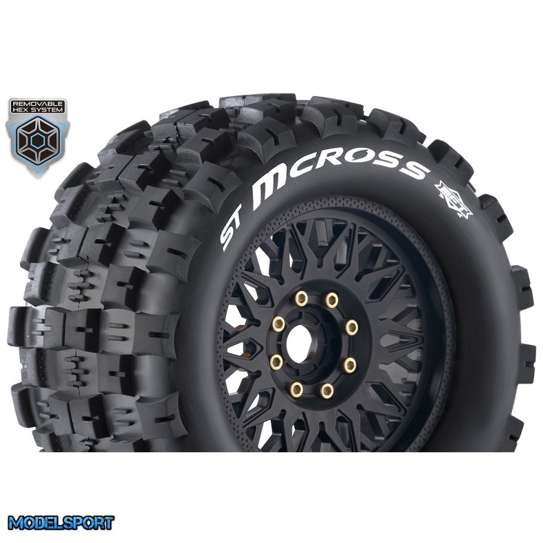 Louise RC - MFT - ST-MCROSS - 1-8 Stadium Truck Tire Set - Mounted - Sport - Black Wheels - Removable 0" &amp; 1/2" OFFSET HEX 17mm - L-T3227X
