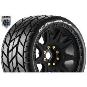 Louise RC - MFT - MT-ROCKET speed - 1-8 Monster Truck Tire Set - Mounted - Soft - Black Wheels - Removable 1-8 MT HEX 17mm - 0
