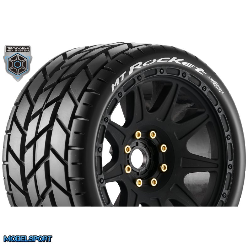 Louise RC - MFT - MT-ROCKET speed - 1-8 Monster Truck Tire Set - Mounted - Soft - Black Wheels - Removable 1-8 MT HEX 17mm - 0" &amp; 1/2" OFFSET - L-T3353SB