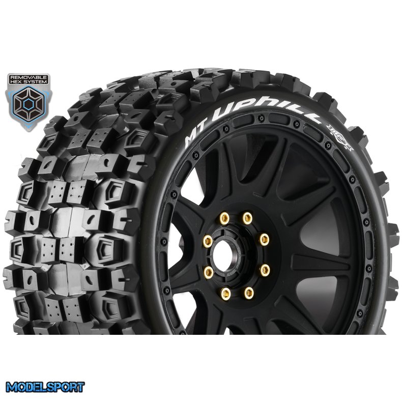 Louise RC - MFT - MT-UPHILL speed - 1-8 Monster Truck Tire Set - Mounted - Soft - Black Wheels - Removable 1-8 MT HEX 17mm - 0" &amp; 1/2" OFFSET - L-T3354SB