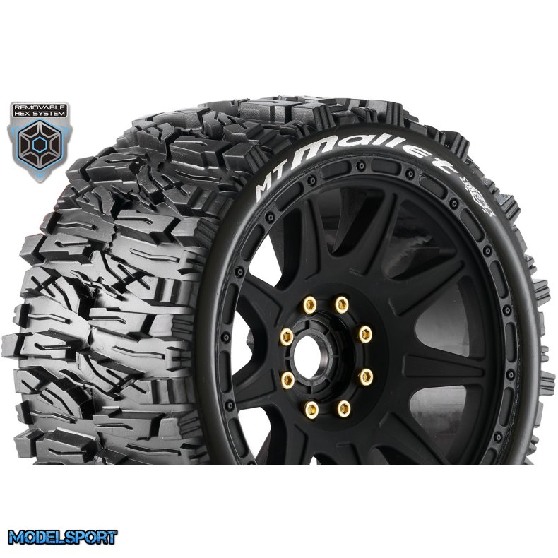Louise RC - MFT - MT-MALLET speed - 1-8 Monster Truck Tire Set - Mounted - Soft - Black Wheels - Removable 1-8 MT HEX 17mm - 0" &amp; 1/2" OFFSET - L-T3355SB