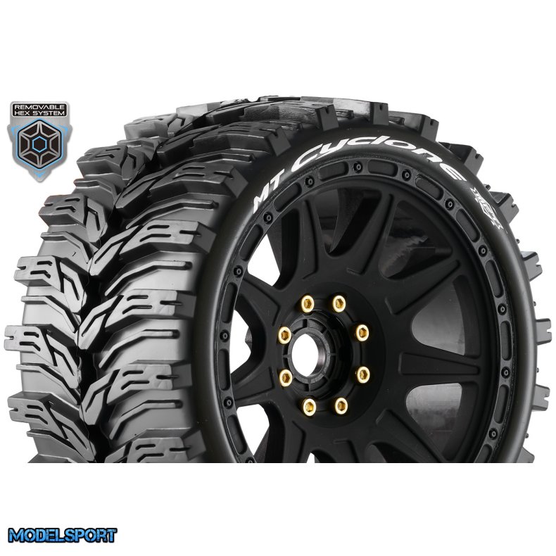 Louise RC - MFT - MT-CYCLONE speed - 1-8 Monster Truck Tire Set - Mounted - Soft - Black Wheels - Removable 1-8 MT HEX 17mm - 0" &amp; 1/2" OFFSET - L-T3356SB