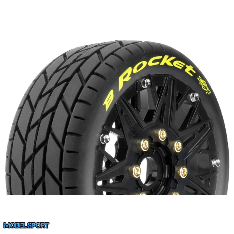 Louise RC - MFT - B-ROCKET - 1-8 Buggy Tire Set - Mounted - Soft - Black Spoke Wheels - Removable 0" &amp; 1/2" OFFSET HEX 17mm - L-T3362SB