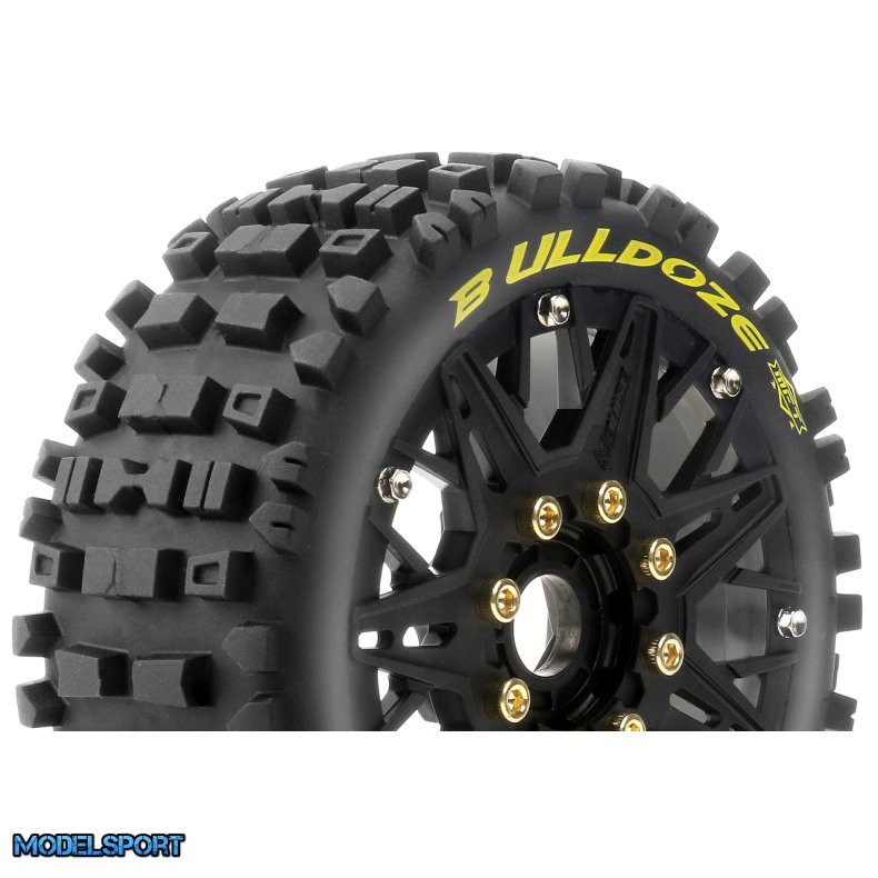 Louise RC - MFT - B-ULLDOZE - 1-8 Buggy Tire Set - Mounted - Soft - Black Spoke Wheels - Removable 0" &amp; 1/2" OFFSET HEX 17mm - L-T3365SB