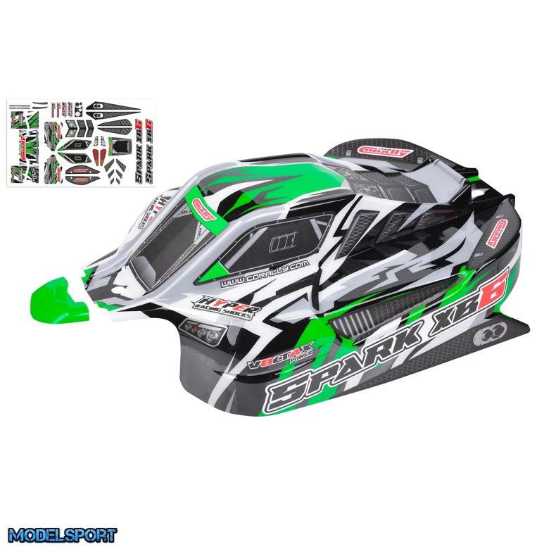 Team Corally - Polycarbonate Body - Spark XB6 - Painted - Cut - Decals - Color Green - 1 Pc