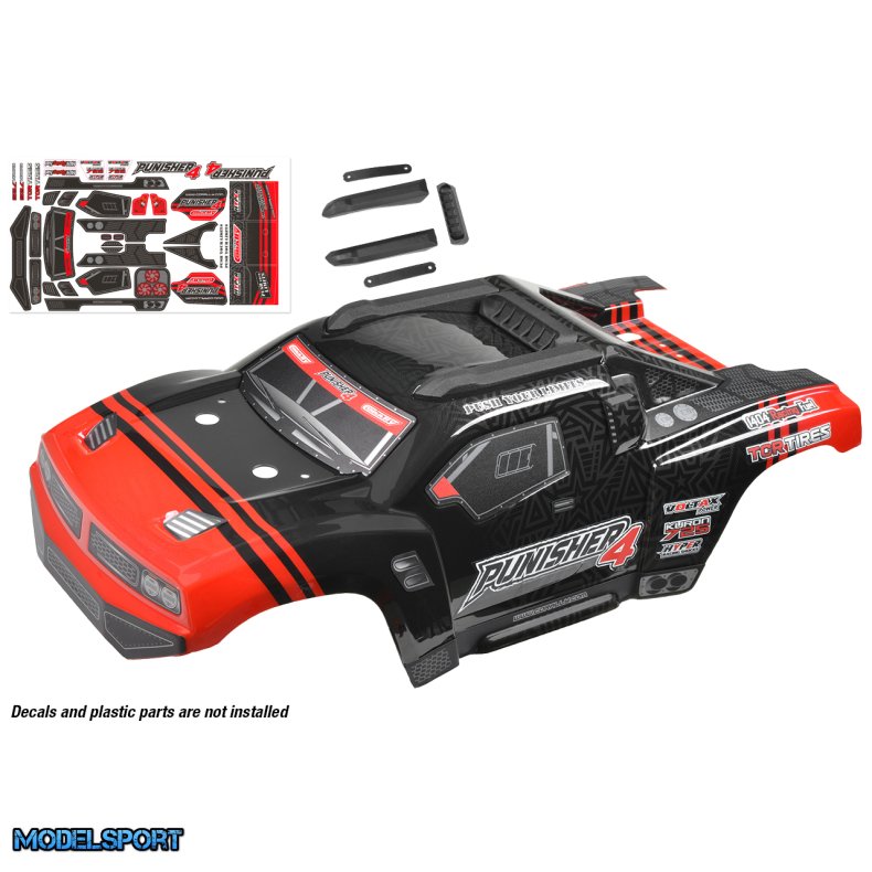 Team Corally - Polycarbonate Body - Punisher 4 - Painted - Cut - Decals - Color Red - 1 Pc